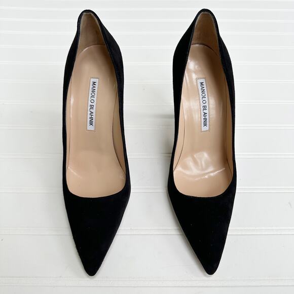 Manolo Blahnik BB Black Suede Pumps Pointed Toe Stiletto Heel 105mm Size 37 - Picture 1 of 8